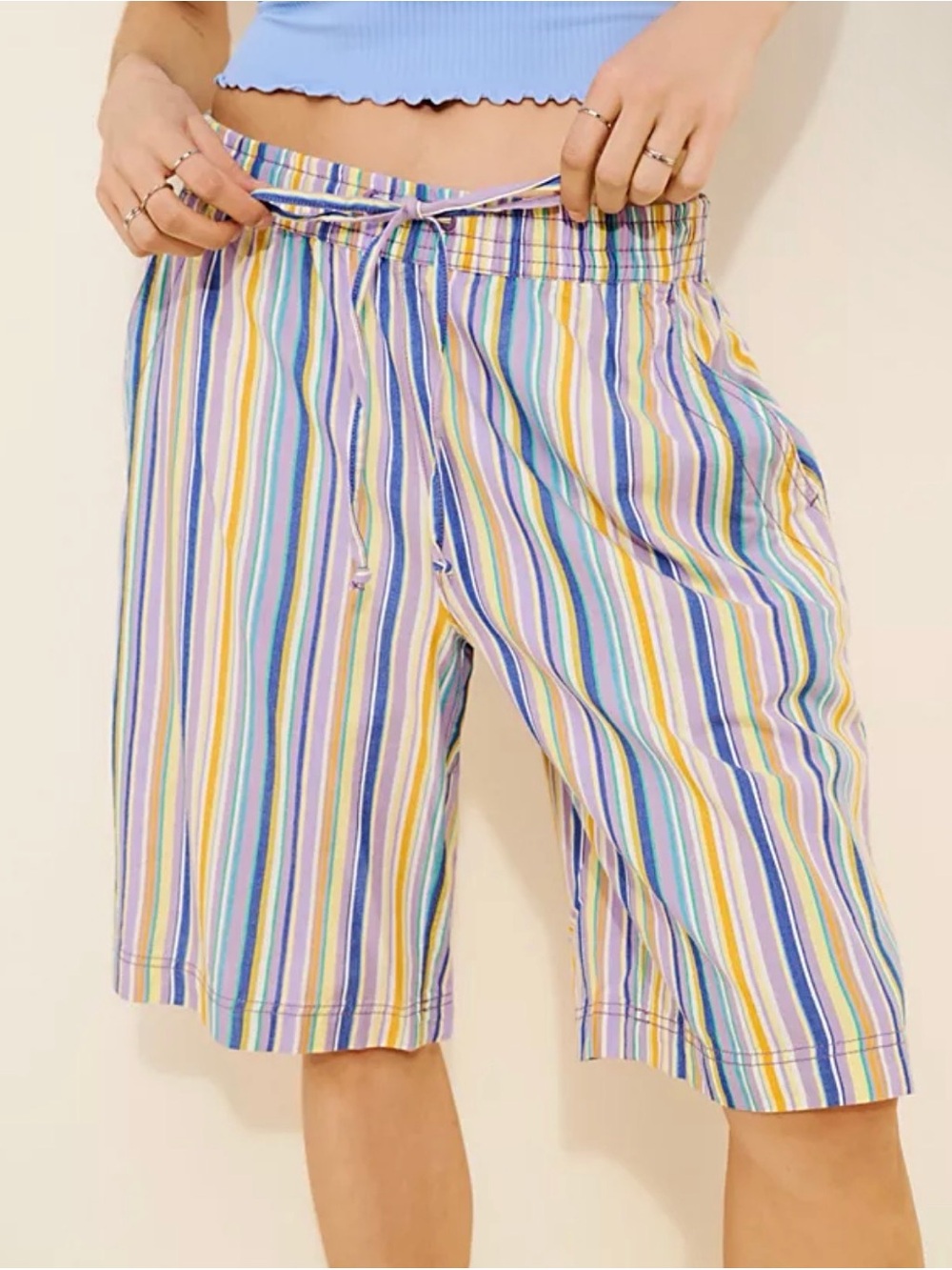 Free People Saylor Poplin Stripe Bermuda Shorts Blue Sea Sz. S Elastic Waist